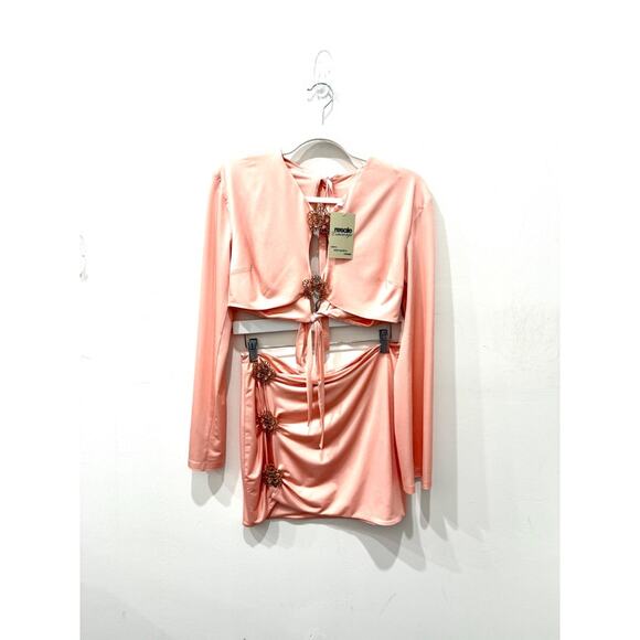 Declara Long Sleeve Blouse & Mini Skirt Set with Flower Accent Coral Women's M - Picture 1 of 5